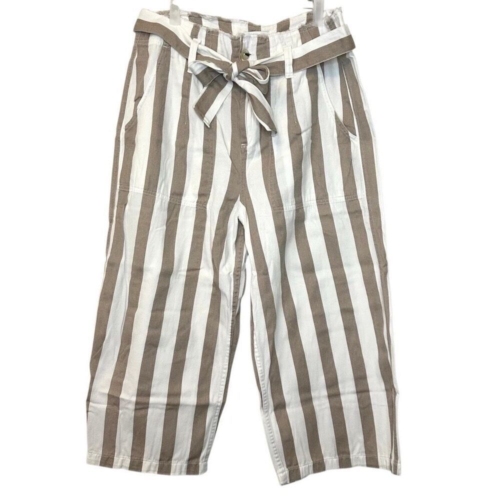Topshop Stripe Belted Wide Leg 100% Cotton Crop Trouser Pants White Tan Size 12